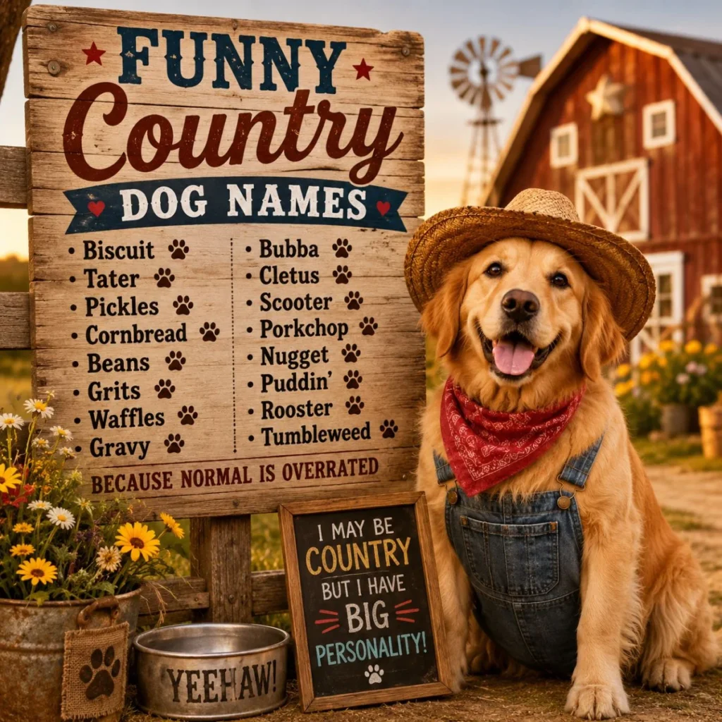 Funny country dog names sign with golden retriever in cowboy hat and overalls