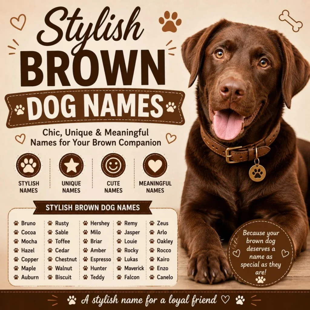 Unique brown dog names infographic with cheerful chocolate puppy and creative cute name ideas
