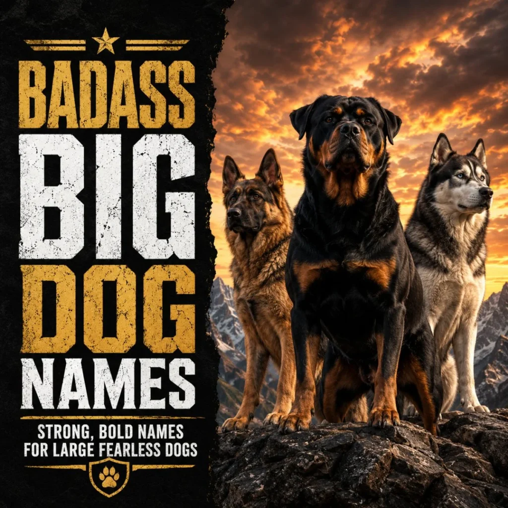 Badass big dog names poster with Rottweiler, German Shepherd, and Husky on rocky mountains at sunset