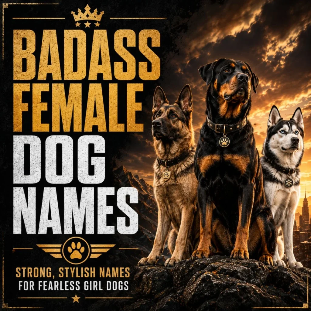 Badass female dog names poster with German Shepherd, Rottweiler, and Husky at sunset