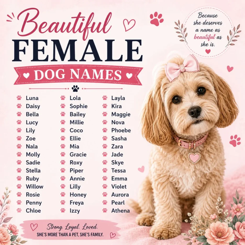 Beautiful female dog names infographic with a cute puppy, pink bow, floral accents, and paw-print name list.