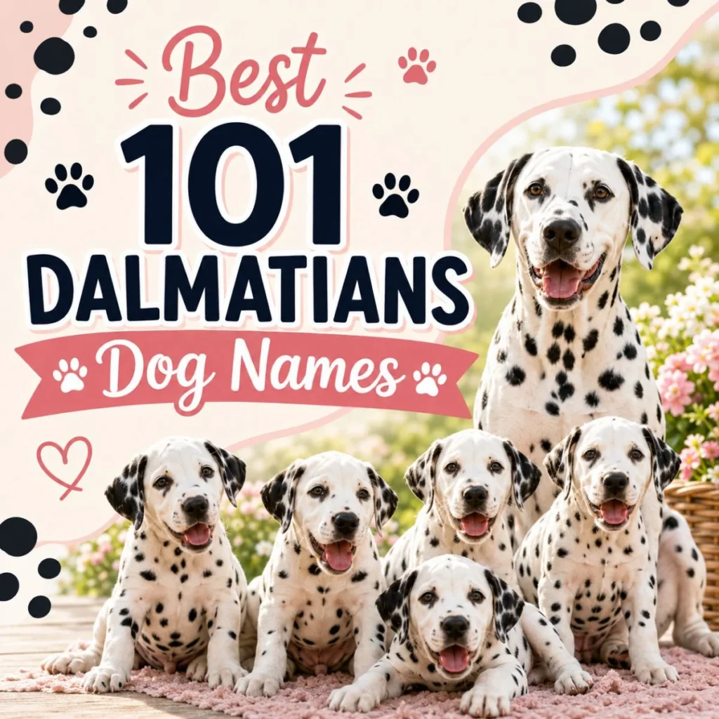 Best 101 Dalmatians dog names graphic with happy spotted puppies and an adult Dalmatian