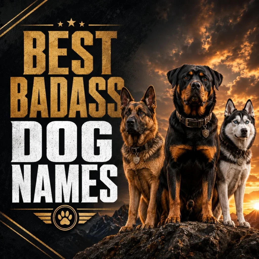 Best badass dog names banner with German Shepherd, Rottweiler, and Husky in dramatic sunset