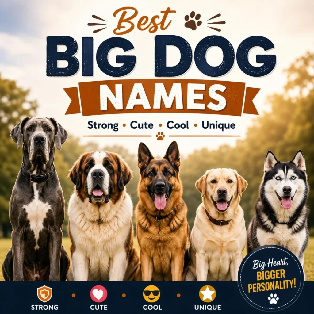 Best big dog names graphic with Great Dane, Saint Bernard, German Shepherd, Labrador, and Husky