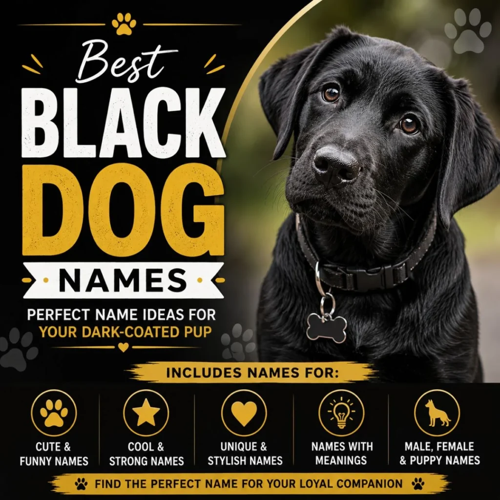 Best black dog names graphic with a cute black puppy and name ideas for dark-coated dogs
