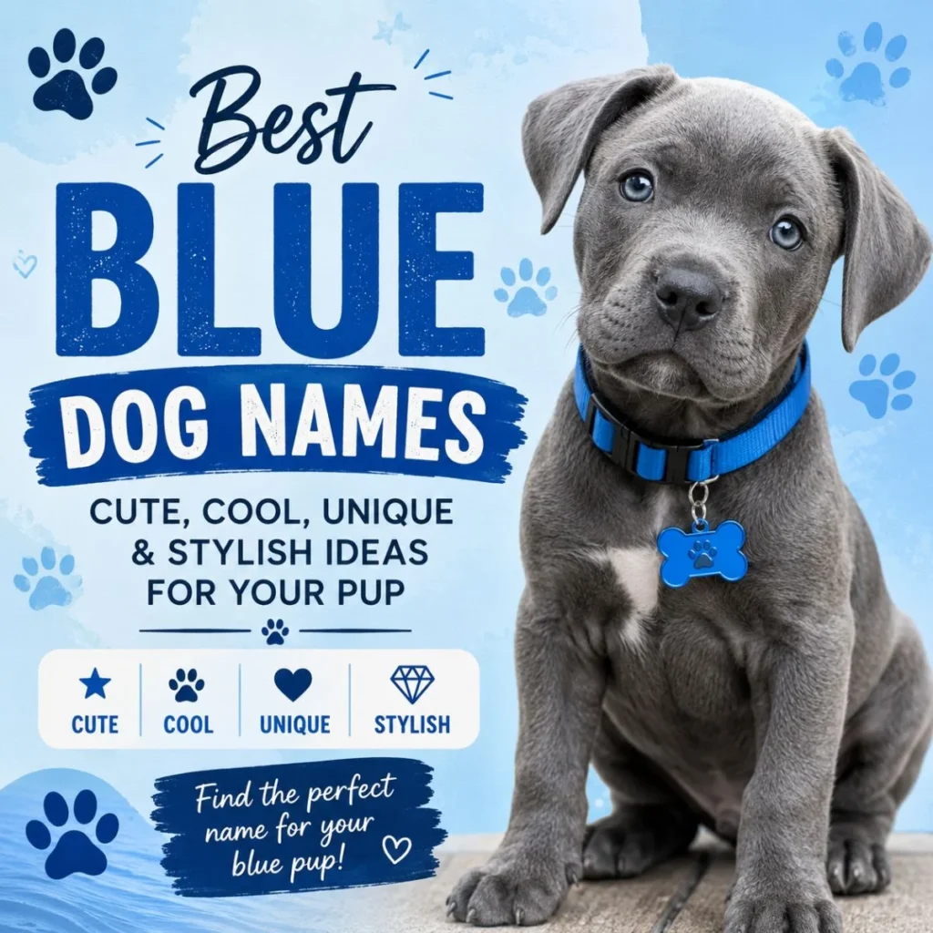Best blue dog names image with cute gray puppy, blue collar, paw prints, and bold blue text