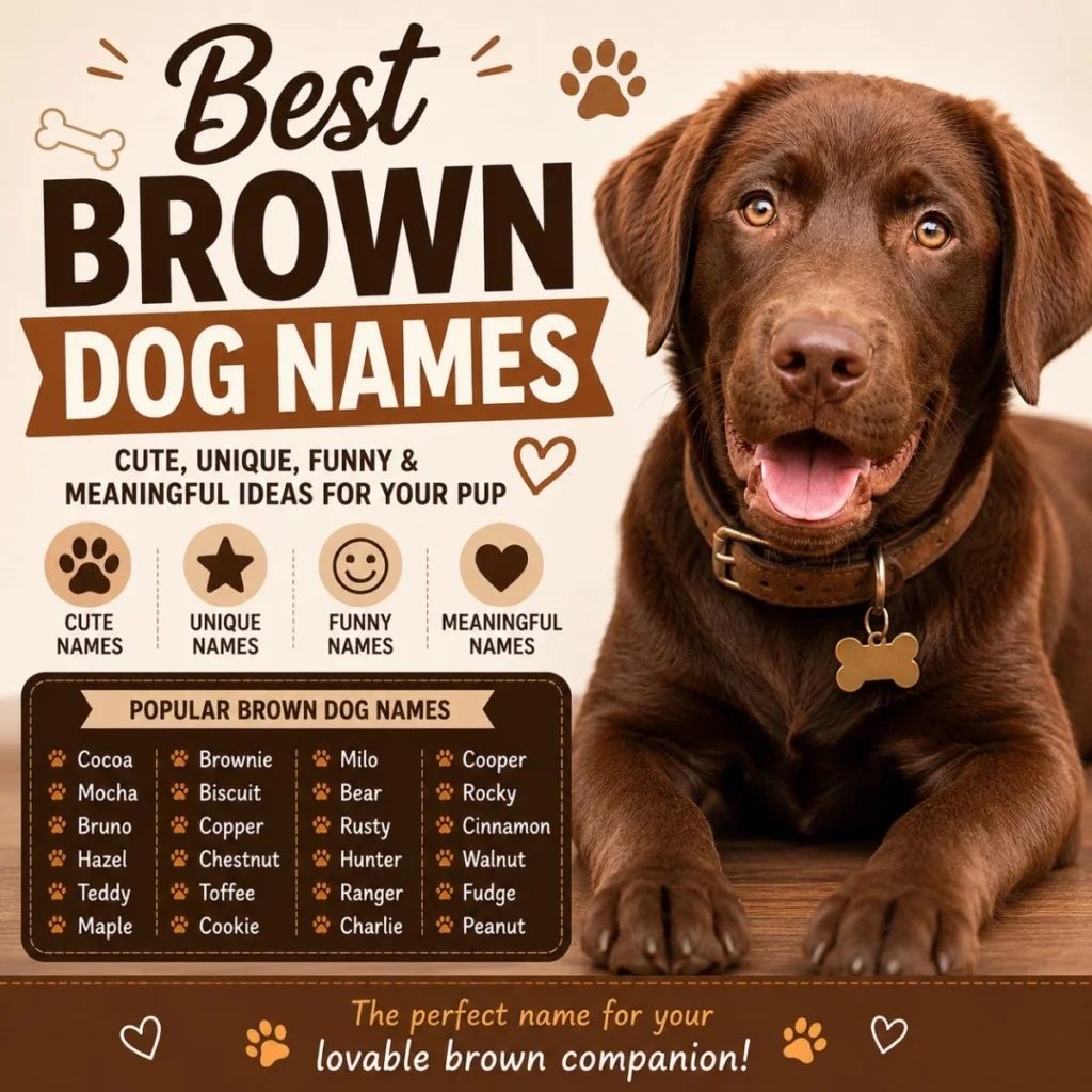 Best brown dog names infographic with smiling chocolate puppy and popular cute name ideas