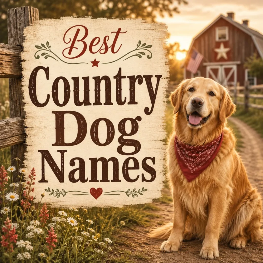 Best country dog names image with golden retriever in rustic farm setting