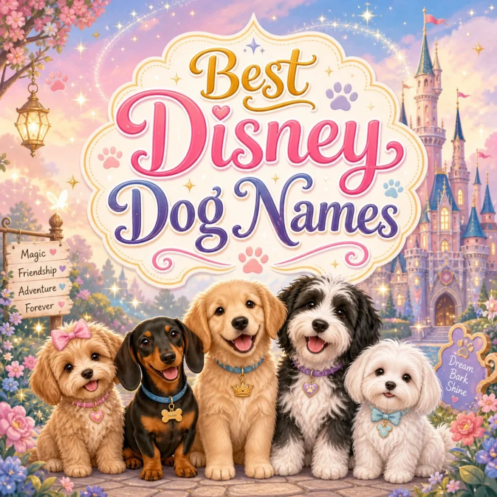 Best Disney dog names image with cute puppies, magical castle, sparkles, flowers, and colorful paw prints