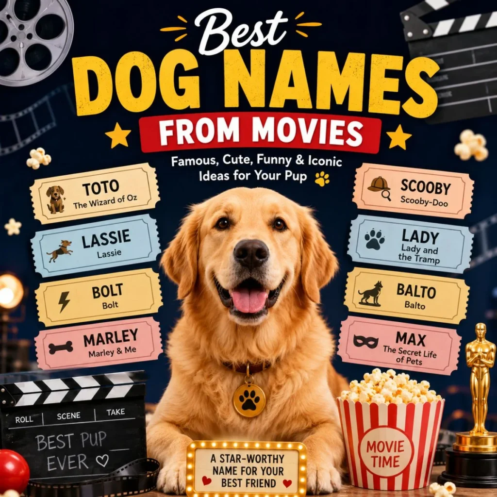 Golden retriever poster with best dog names from movies and famous film-inspired puppy names