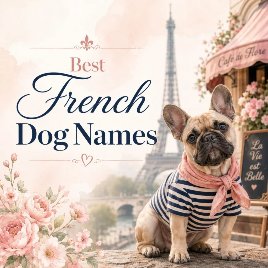 Best French dog names with cute French Bulldog, Eiffel Tower, Paris café, and floral background