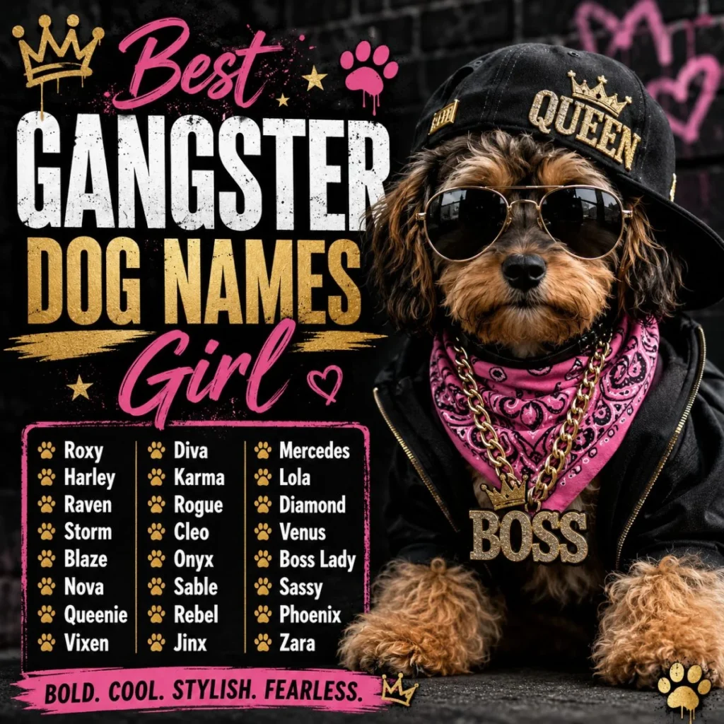 Best gangster dog names girl image with stylish pup in sunglasses, cap, pink bandana, and bold name list