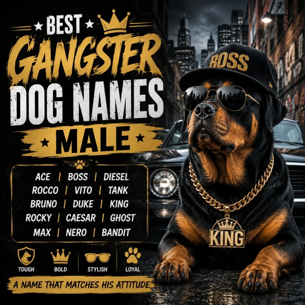 Best gangster dog names male image with tough Rottweiler, boss cap, sunglasses, gold chain, and name ideas