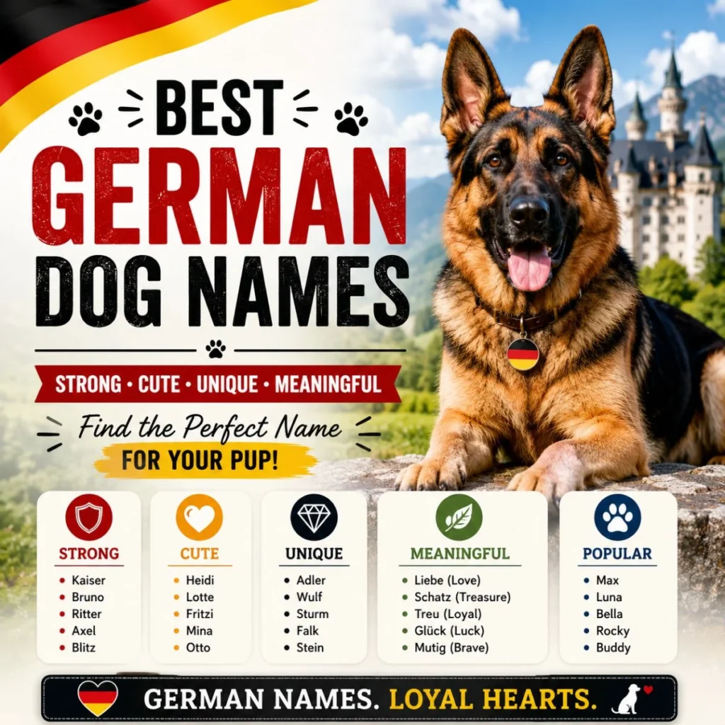 Best German dog names poster with German Shepherd, castle background, and strong cute meaningful name ideas