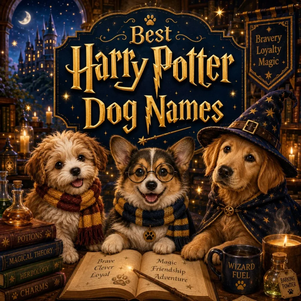 Best Harry Potter dog names image with cute wizard dogs, magic books, castle, candles, and glowing spells