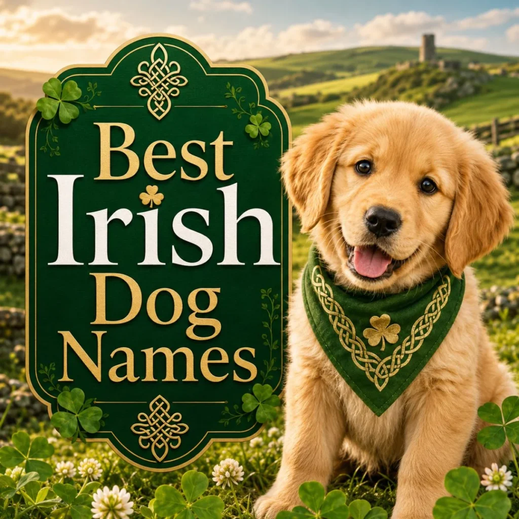 Cute golden puppy with Best Irish Dog Names title, shamrocks, Celtic design, and Irish countryside
