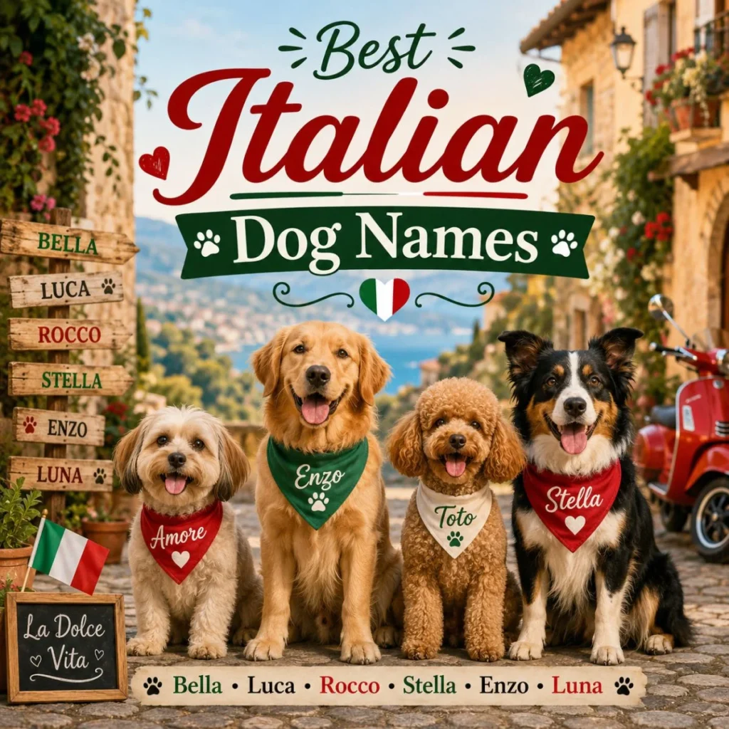 Best Italian dog names poster with happy dogs in a sunny village street