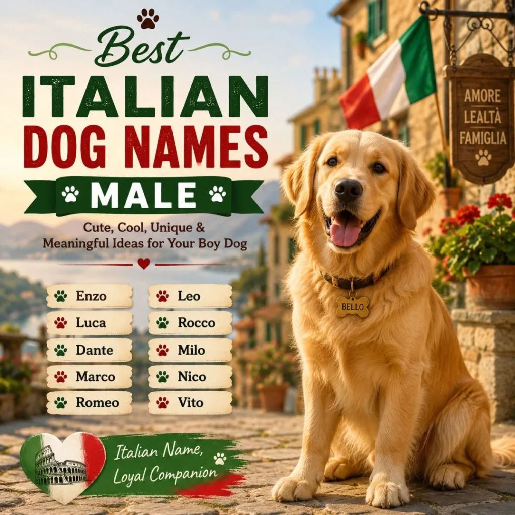 Best Italian dog names male image with golden dog, Italy flag, and popular boy dog names
