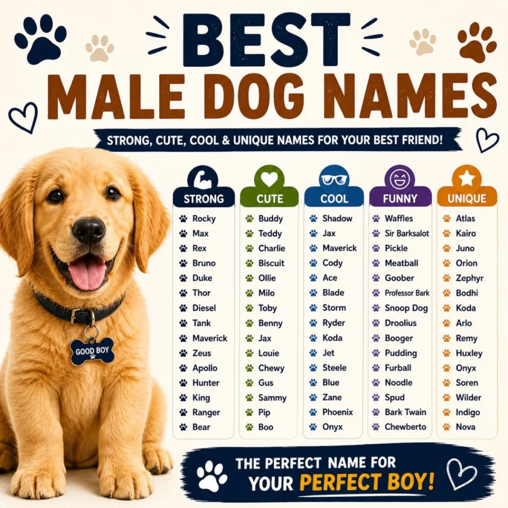 Best male dog names infographic with golden puppy and strong, cute, cool, funny, and unique boy dog names