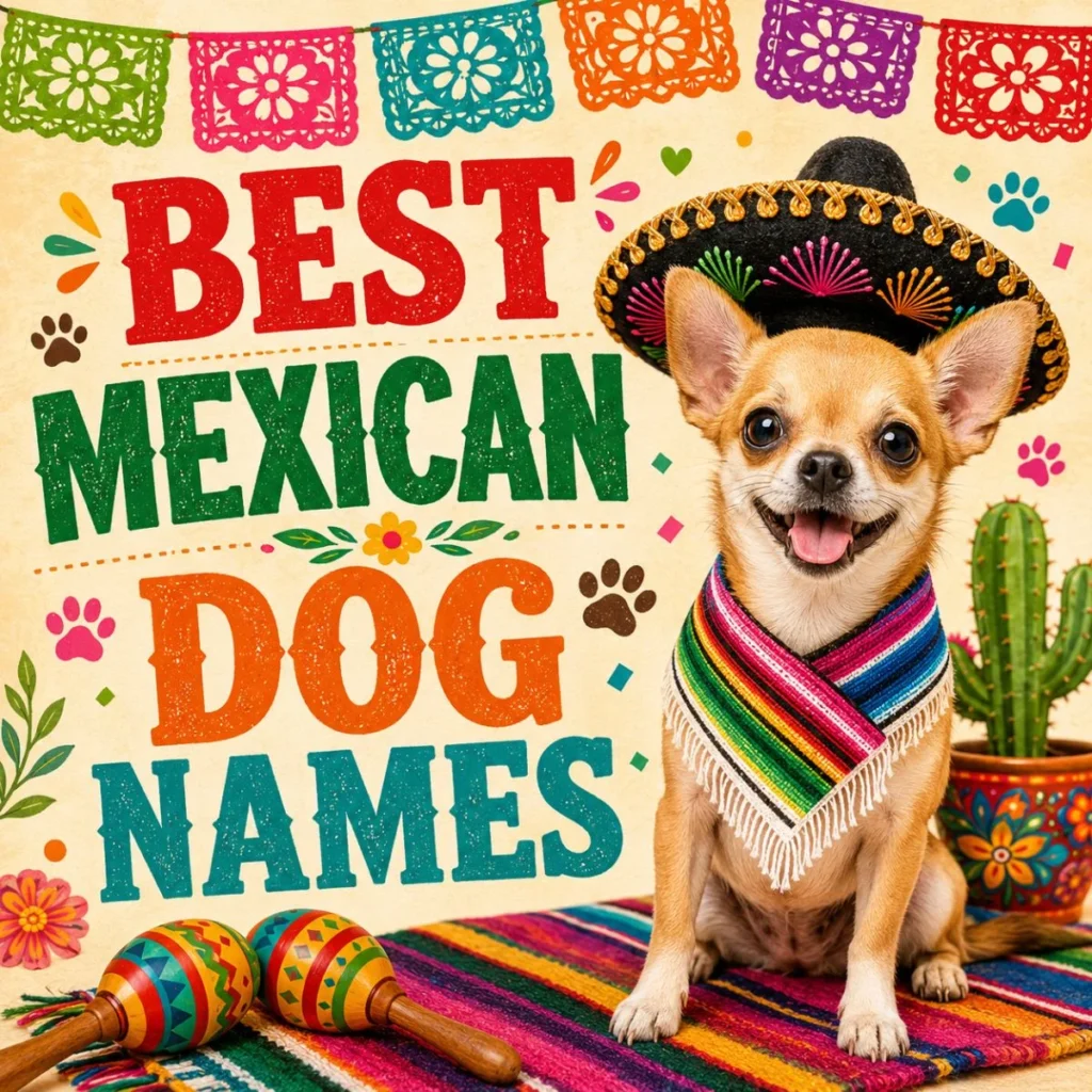 Best Mexican dog names image with cute Chihuahua in sombrero and colorful fiesta theme