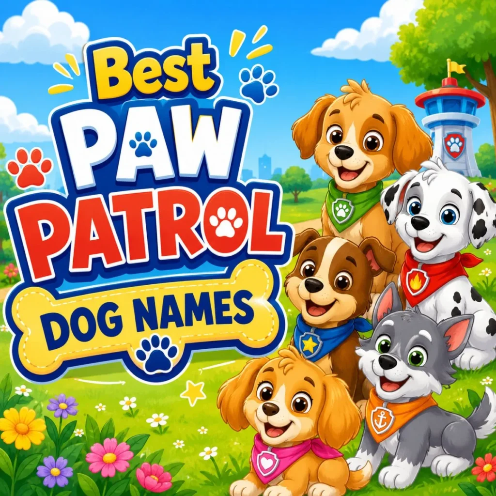 Best Paw Patrol dog names graphic with cute cartoon puppies in a bright outdoor park scene