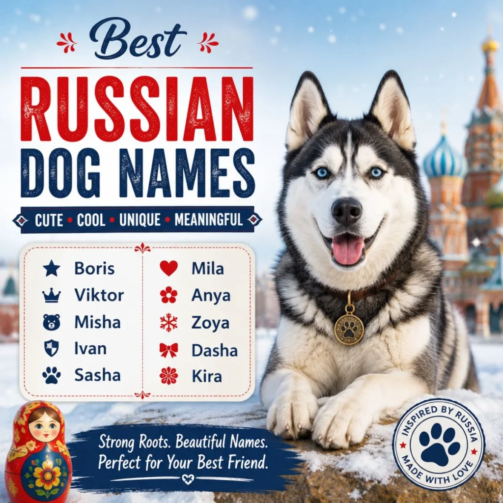 Best Russian dog names image with cute husky and snowy Russian-inspired background