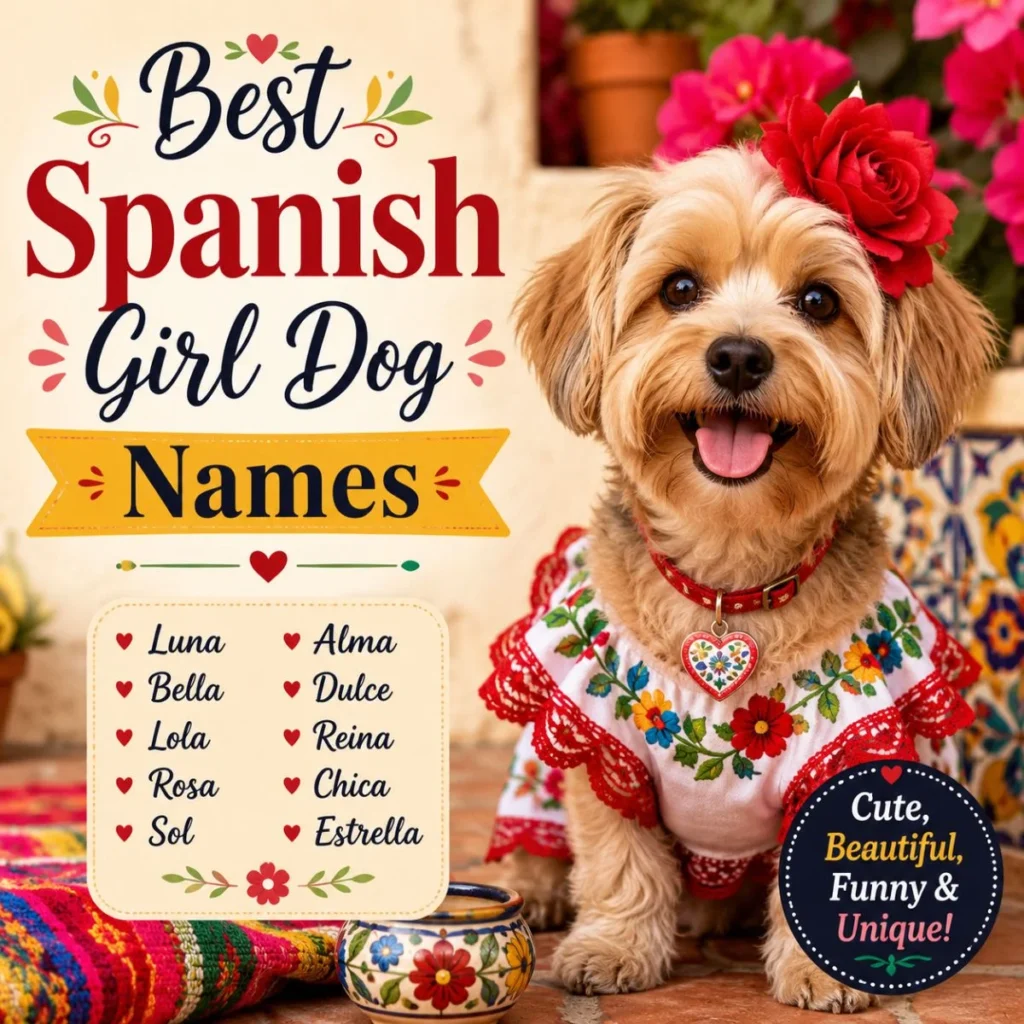Best Spanish girl dog names image with cute female pup and warm Spanish-style design