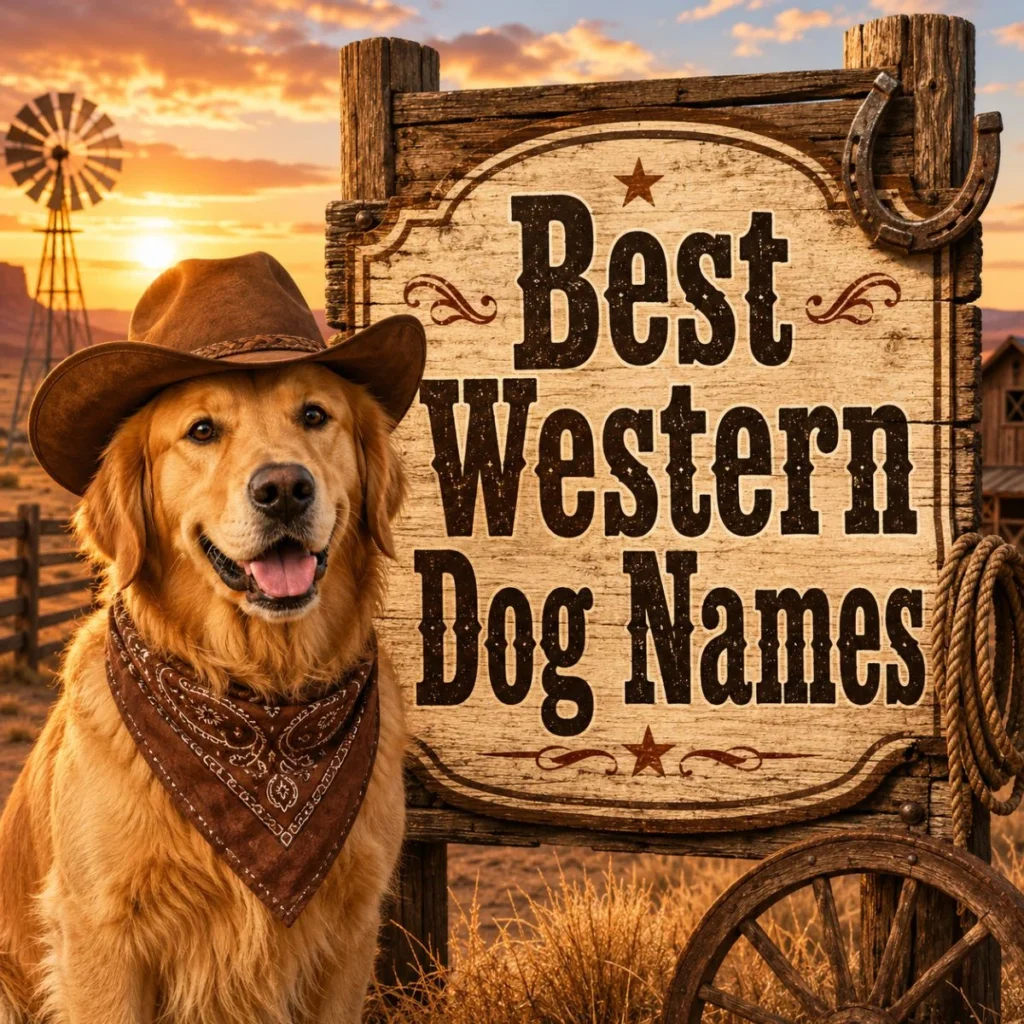 Best western dog names image with cowboy dog, ranch sunset, wooden sign, horseshoe, and country style
