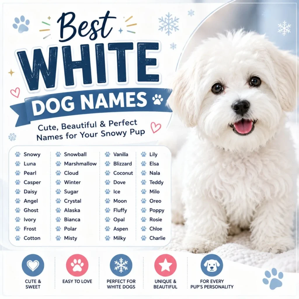 Best white dog names poster with fluffy white puppy and cute snowy name ideas