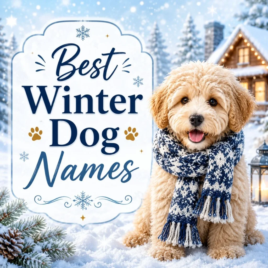 Best winter dog names graphic with cute scarf-wearing puppy in snowy cabin scene