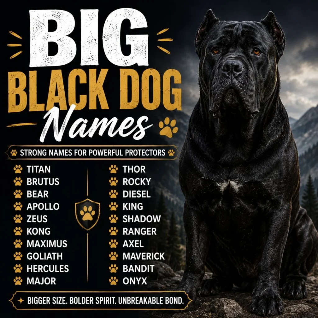 Big black dog names image with a powerful black dog, mountain background, and bold name ideas