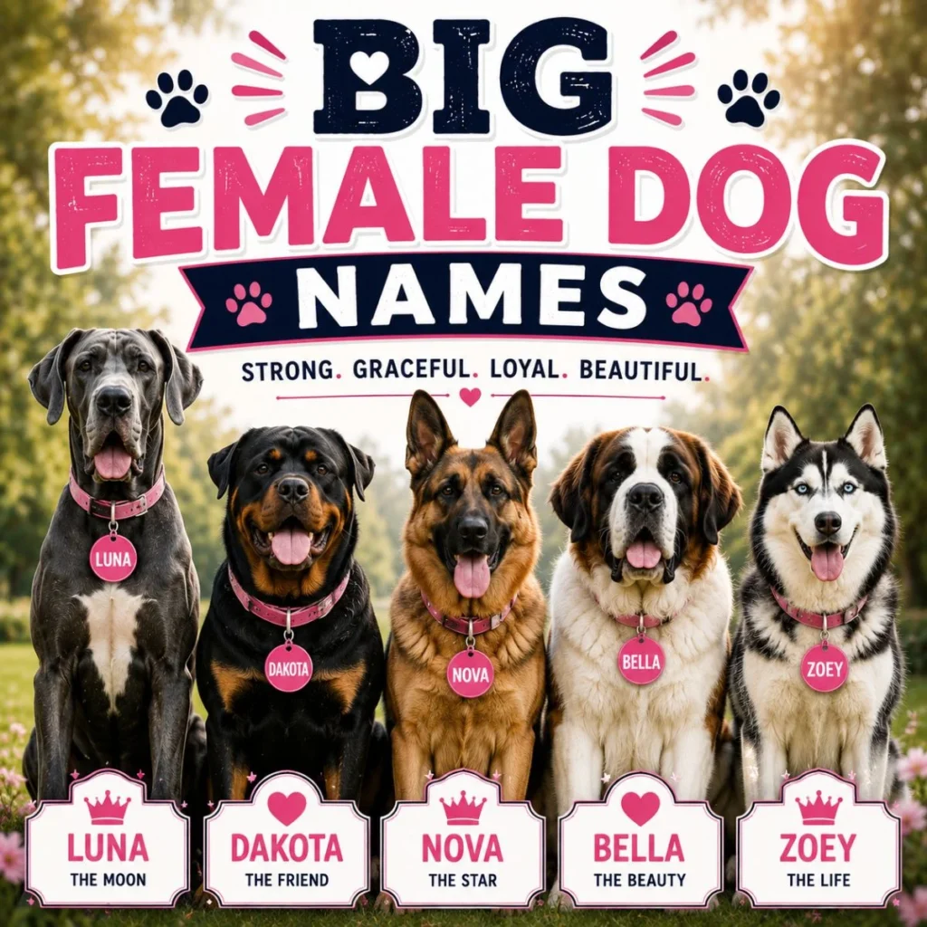 Big female dog names graphic with Great Dane, Rottweiler, German Shepherd, Saint Bernard, and Husky