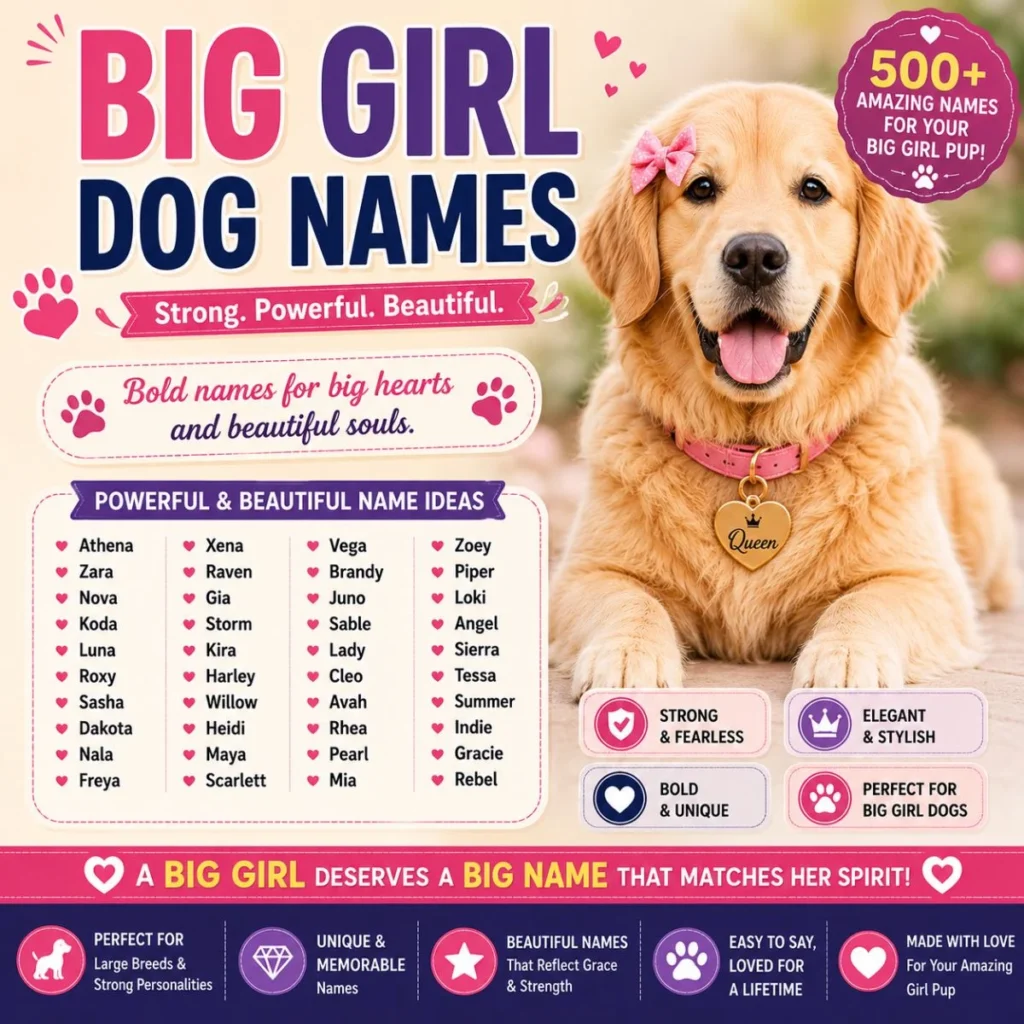 Big girl dog names with golden retriever, strong female dog name ideas, and bold names for large breeds