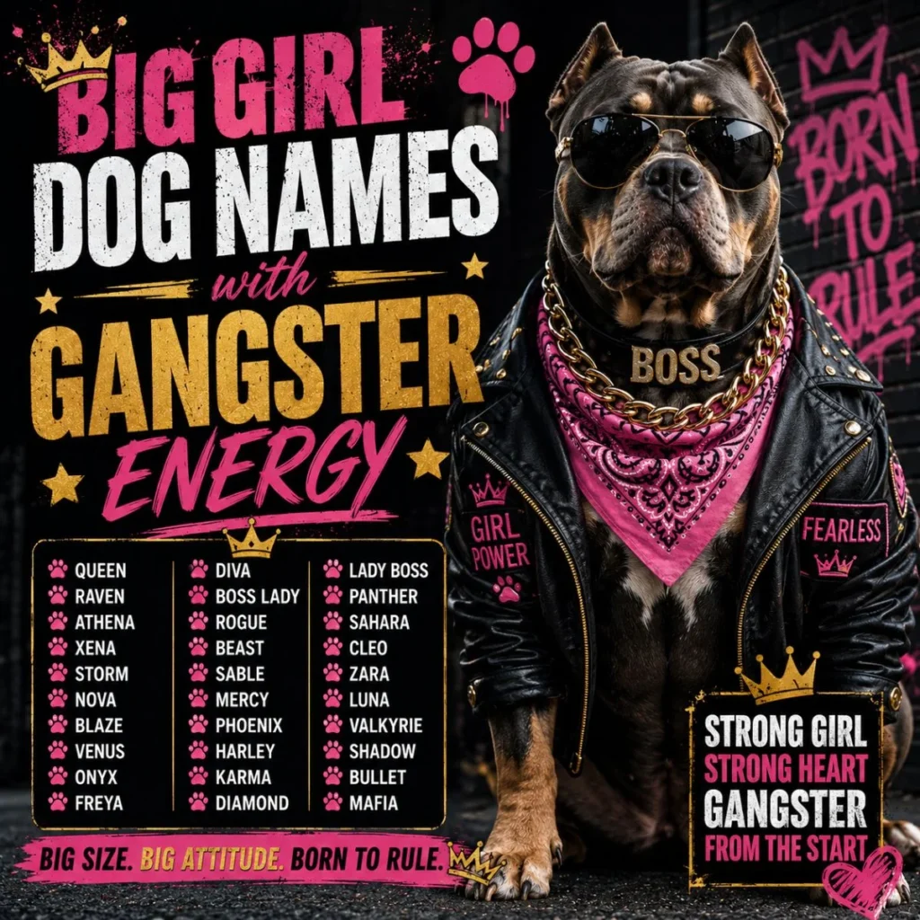 Big girl dog names with gangster energy featuring strong dog in sunglasses, leather jacket, pink bandana, and bold name list