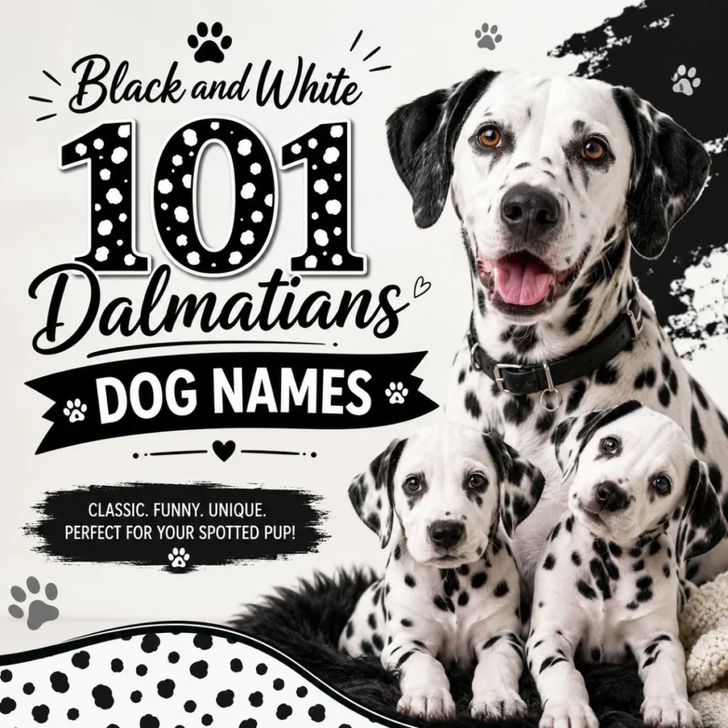 Black and White 101 Dalmatians dog names graphic with spotted adult dog and puppies