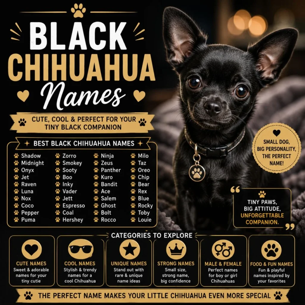 Black Chihuahua names graphic with a cute tiny black Chihuahua and name ideas