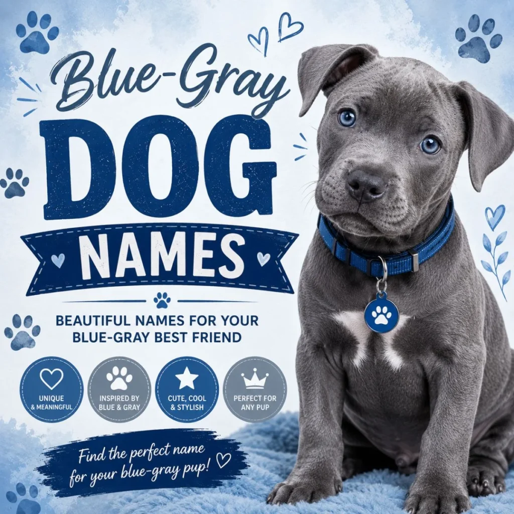 Blue-gray dog names image with cute gray puppy, blue eyes, blue collar, paw prints, and bold text