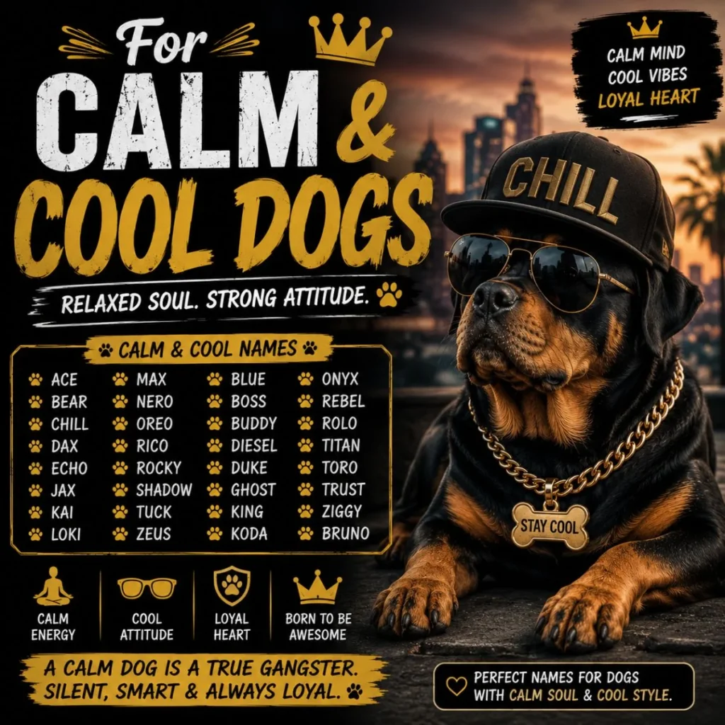 Calm and cool dog names image with relaxed Rottweiler, chill cap, sunglasses, gold chain, and name ideas