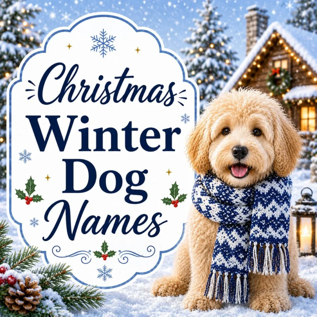 Christmas winter dog names graphic with cute scarf-wearing puppy in snowy festive cabin scene