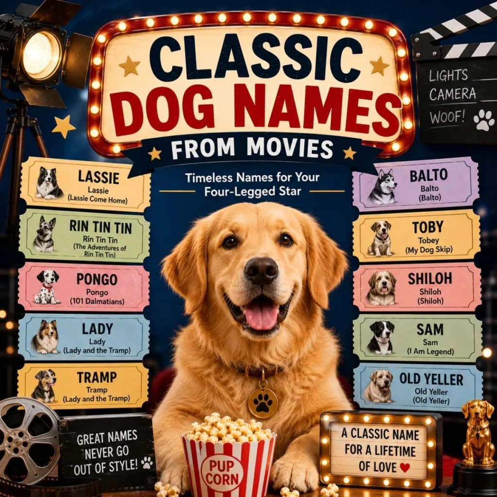 Golden retriever poster with classic dog names from movies and timeless puppy name ideas