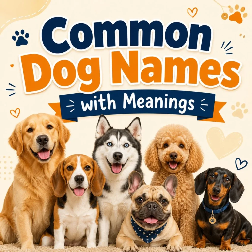Common dog names with meanings image featuring happy popular dog breeds and playful paw accents