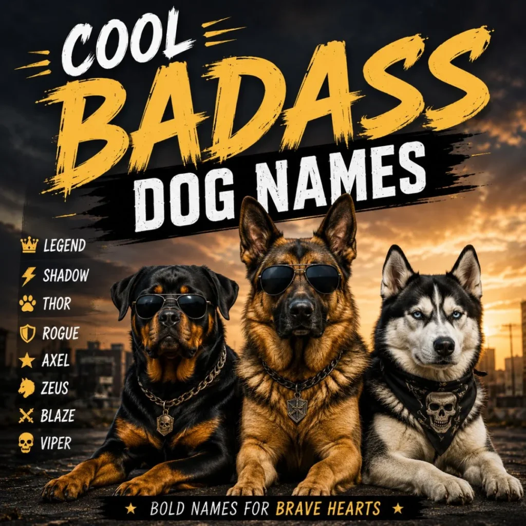 Cool badass dog names poster with Rottweiler, German Shepherd, and Husky in sunglasses