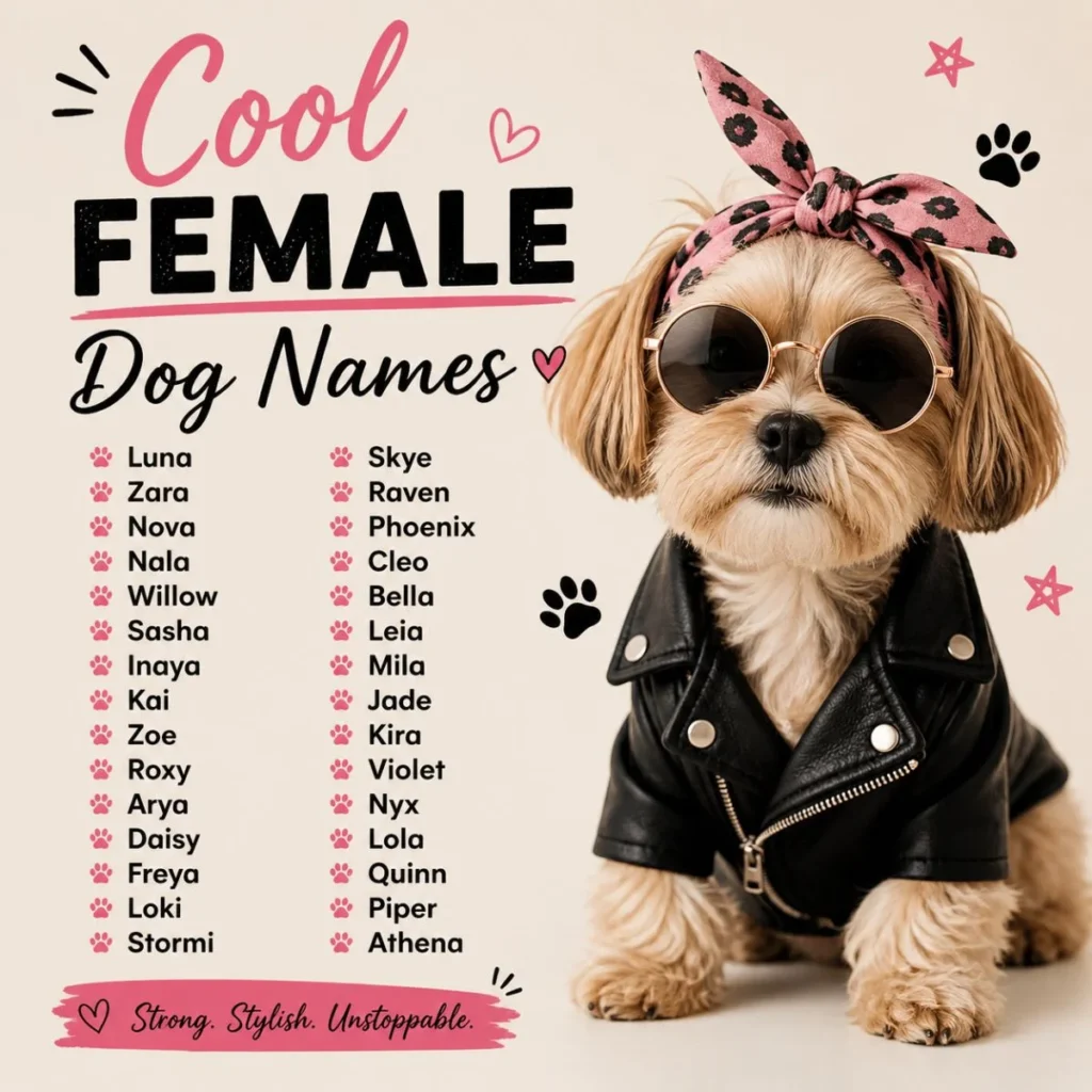 Stylish female dog names infographic with a cute dog in sunglasses and pink accents on a soft cream background.