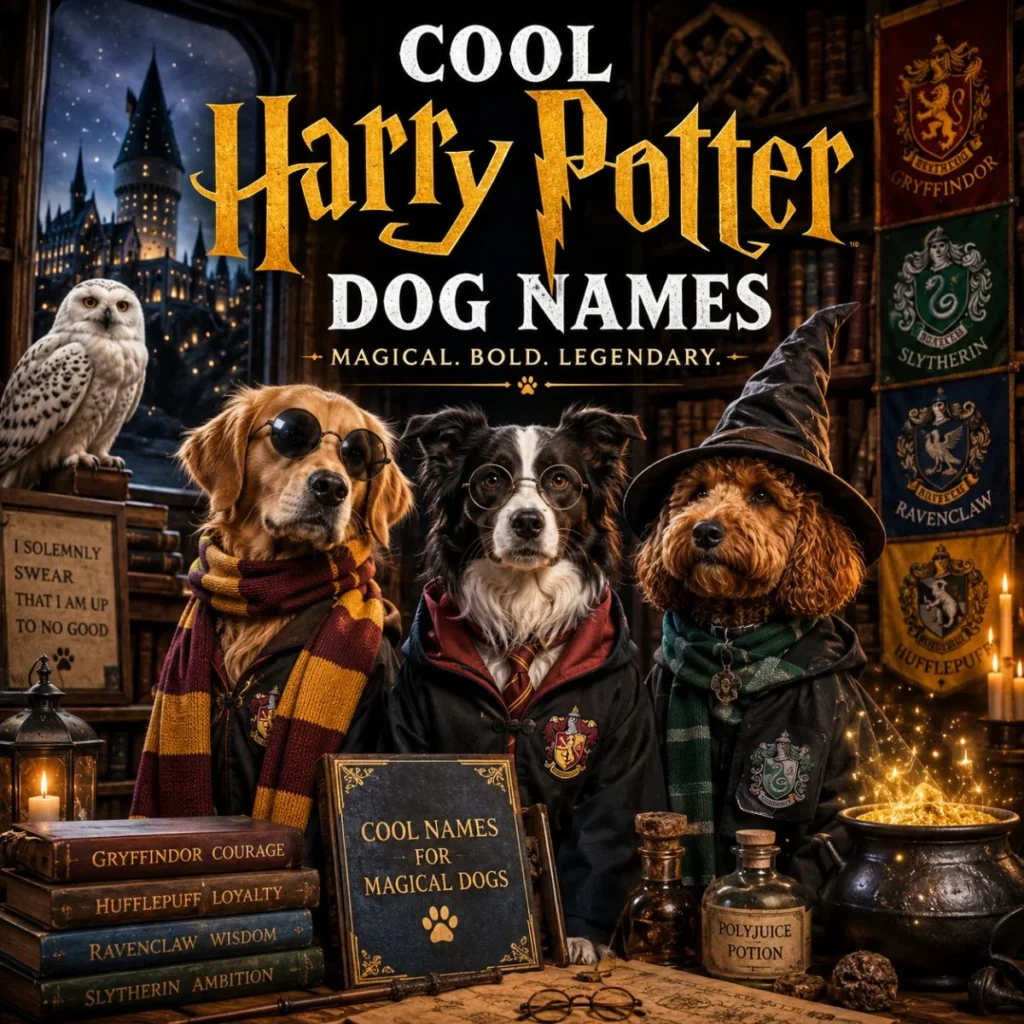 Cool Harry Potter dog names image with wizard dogs, magic books, house banners, owl, and glowing potions