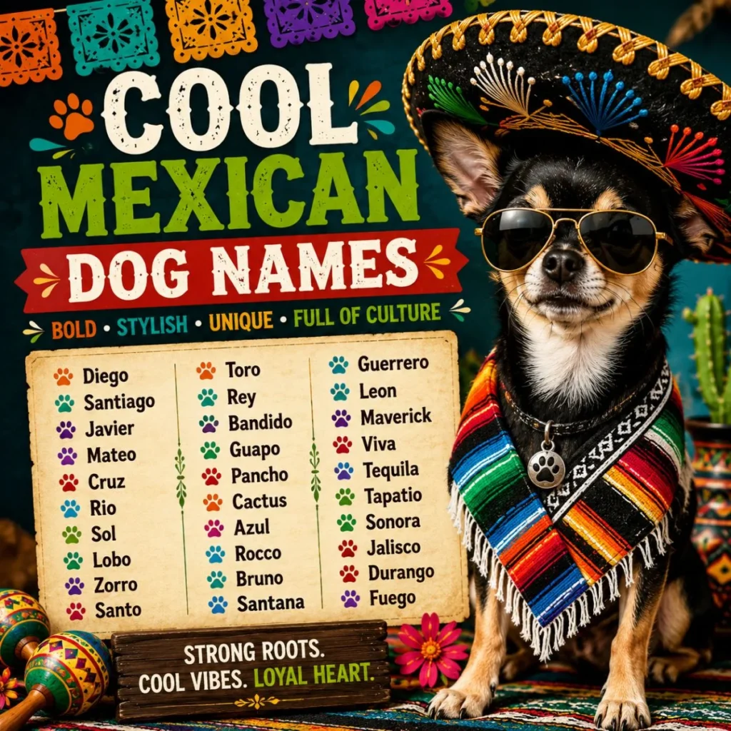 Cool Mexican dog names poster with Chihuahua in sombrero, sunglasses, and colorful fiesta theme