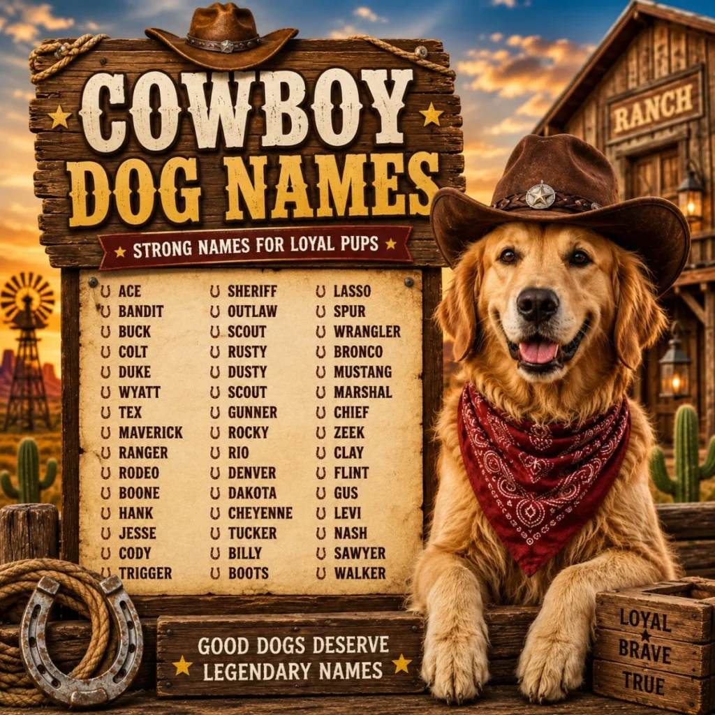 Cowboy dog names poster with golden dog in cowboy hat, ranch sunset, wooden sign, and western name list