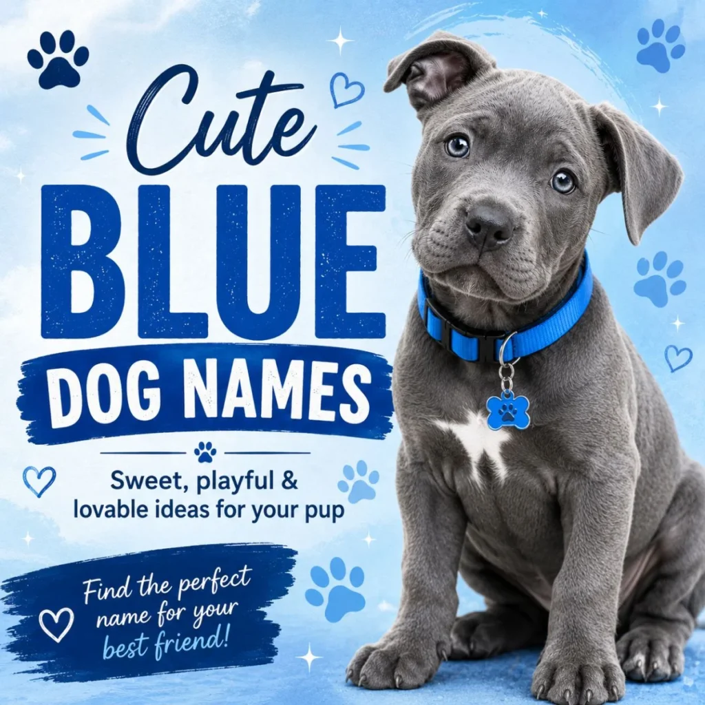 Cute blue dog names image with gray-blue puppy, blue collar, paw prints, and playful text
