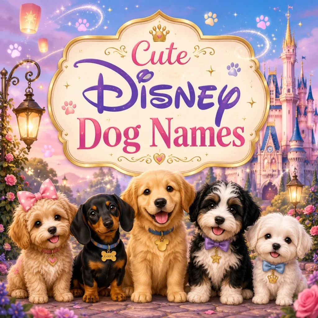 Cute Disney dog names image with adorable puppies, magical castle, sparkles, flowers, and pastel paw prints