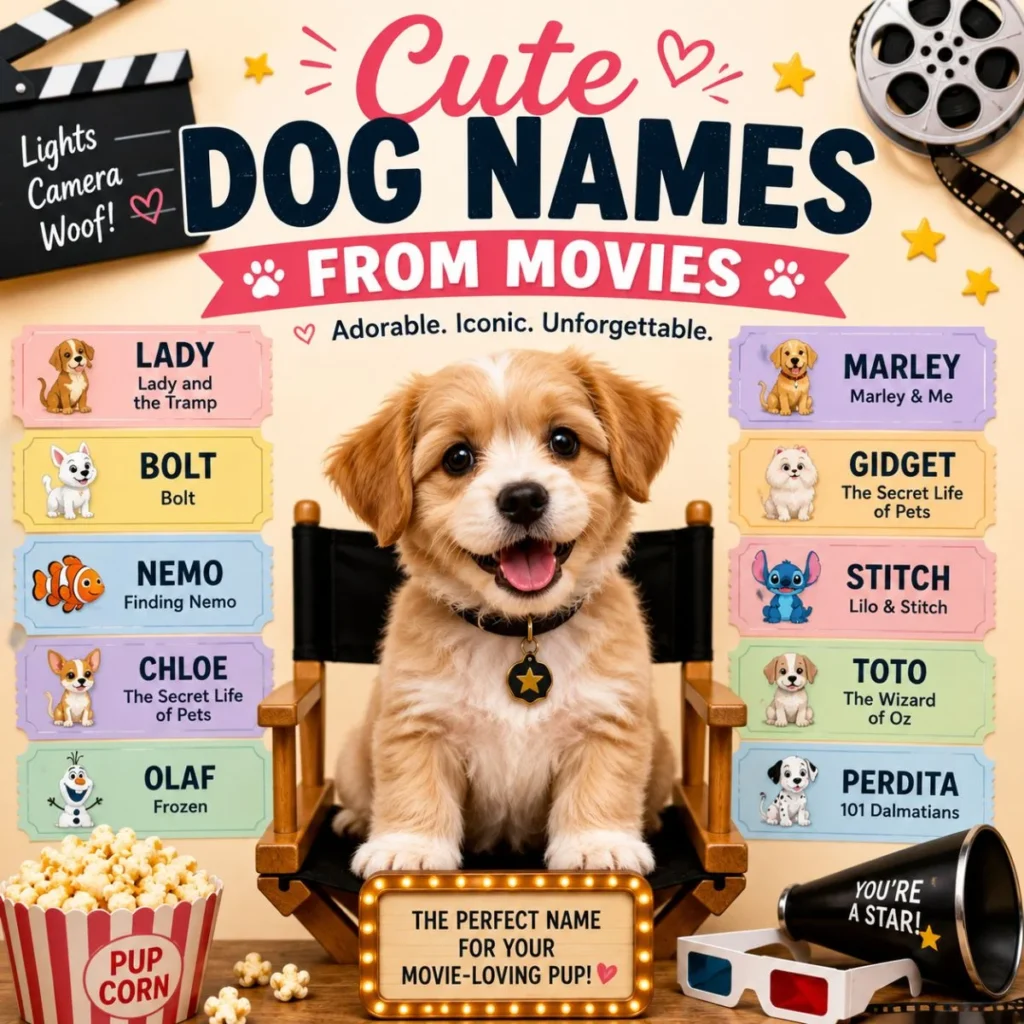 Cute puppy movie poster with cute dog names from movies and famous puppy name ideas