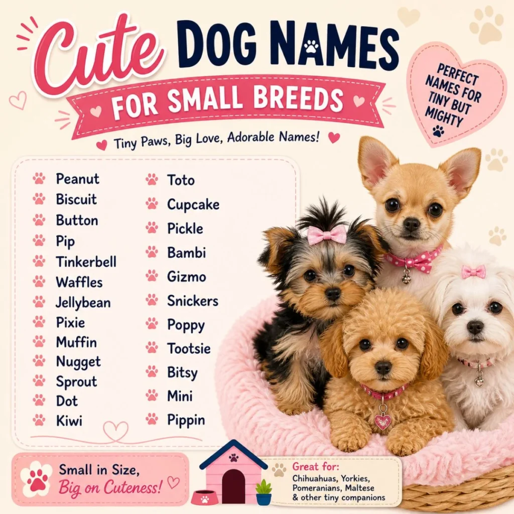 cute dog names for small breeds infographic with puppies like Chihuahua and Yorkie and adorable name ideas list